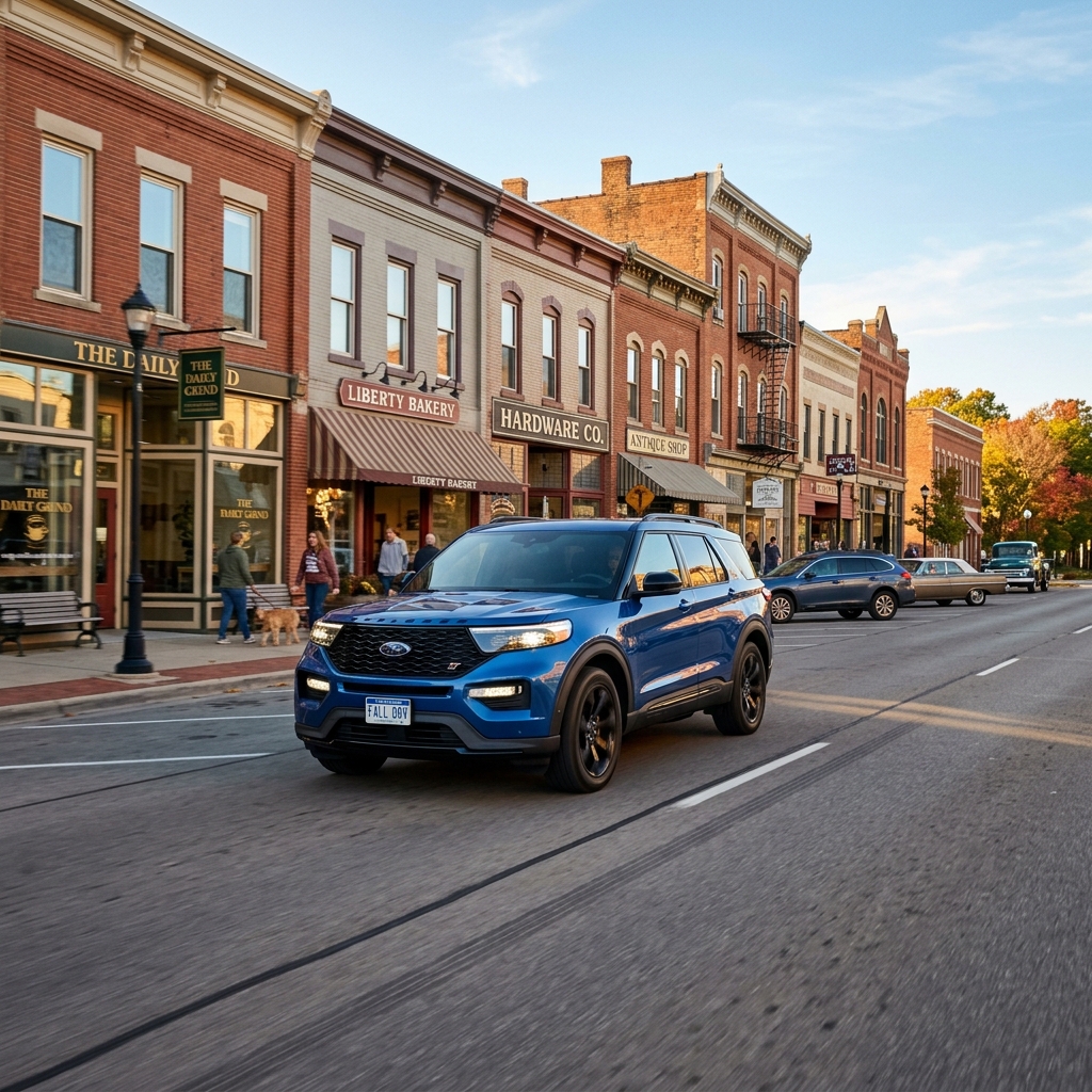 A blue Ford Explorer SUV drives down a paved street past historic brick storefronts in a small town. (Representative image for illustration purposes only. Actual vehicle may vary based on trim and configuration.)