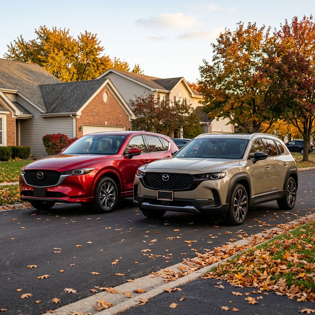 A red Mazda CX-5 and a beige Mazda CX-50 parked side-by-side on a leaf-strewn suburban street in autumn. (Representative image for illustration purposes only. Actual vehicle may vary based on trim and configuration.)