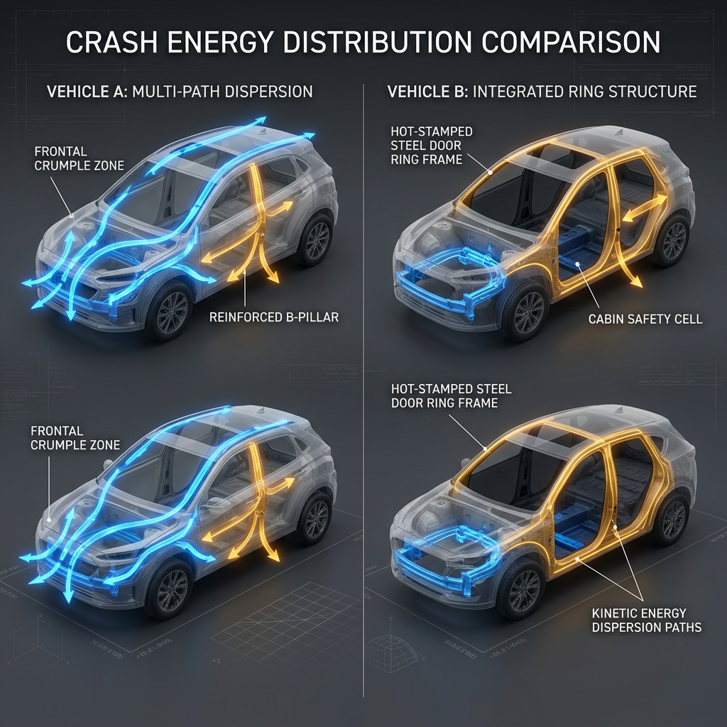 Diagram comparing crash energy distribution in Vehicle A multi-path dispersion versus Vehicle B integrated ring structure. (Representative image for illustration purposes only. Actual vehicle may vary based on trim and configuration.)