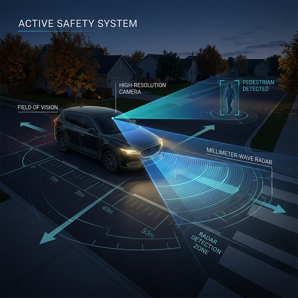 Diagram of a vehicle using camera and millimeter-wave radar to detect a pedestrian ahead at night. (Representative image for illustration purposes only. Actual vehicle may vary based on trim and configuration.)