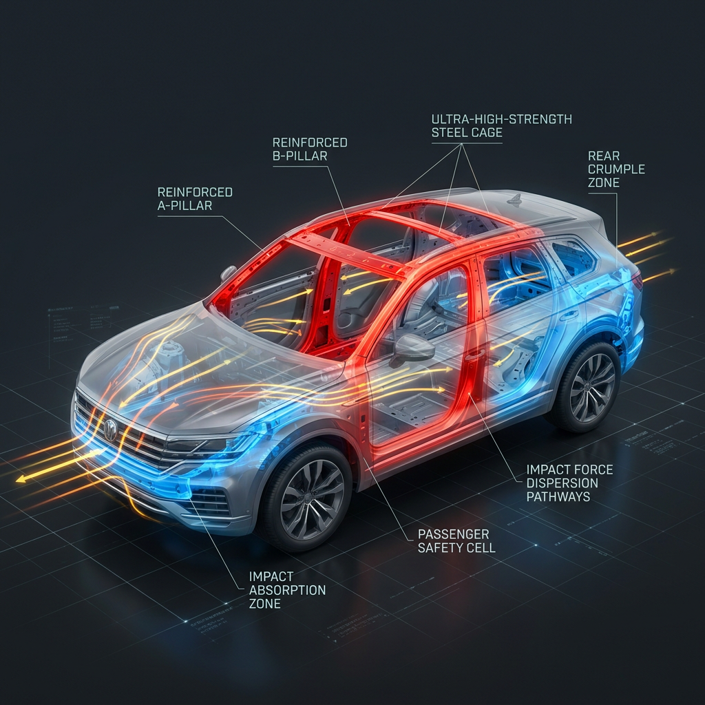 Diagram showing a car's ultra-high-strength steel passenger safety cell, crumple zones, and impact force pathways. (Representative image for illustration purposes only. Actual vehicle may vary based on trim and configuration.)