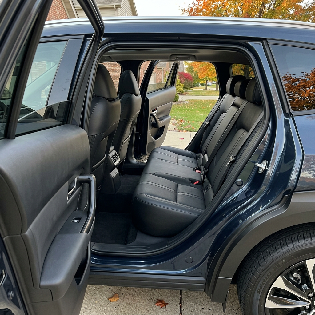 View through open passenger side doors into a dark blue SUV showcasing black leather seats and interior. (Representative image for illustration purposes only. Actual vehicle may vary based on trim and configuration.)