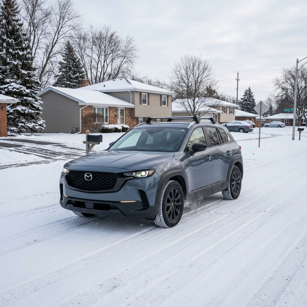 A slate grey Mazda SUV driving along a snow-covered suburban street on an overcast winter day. (Representative image for illustration purposes only. Actual vehicle may vary based on trim and configuration.)