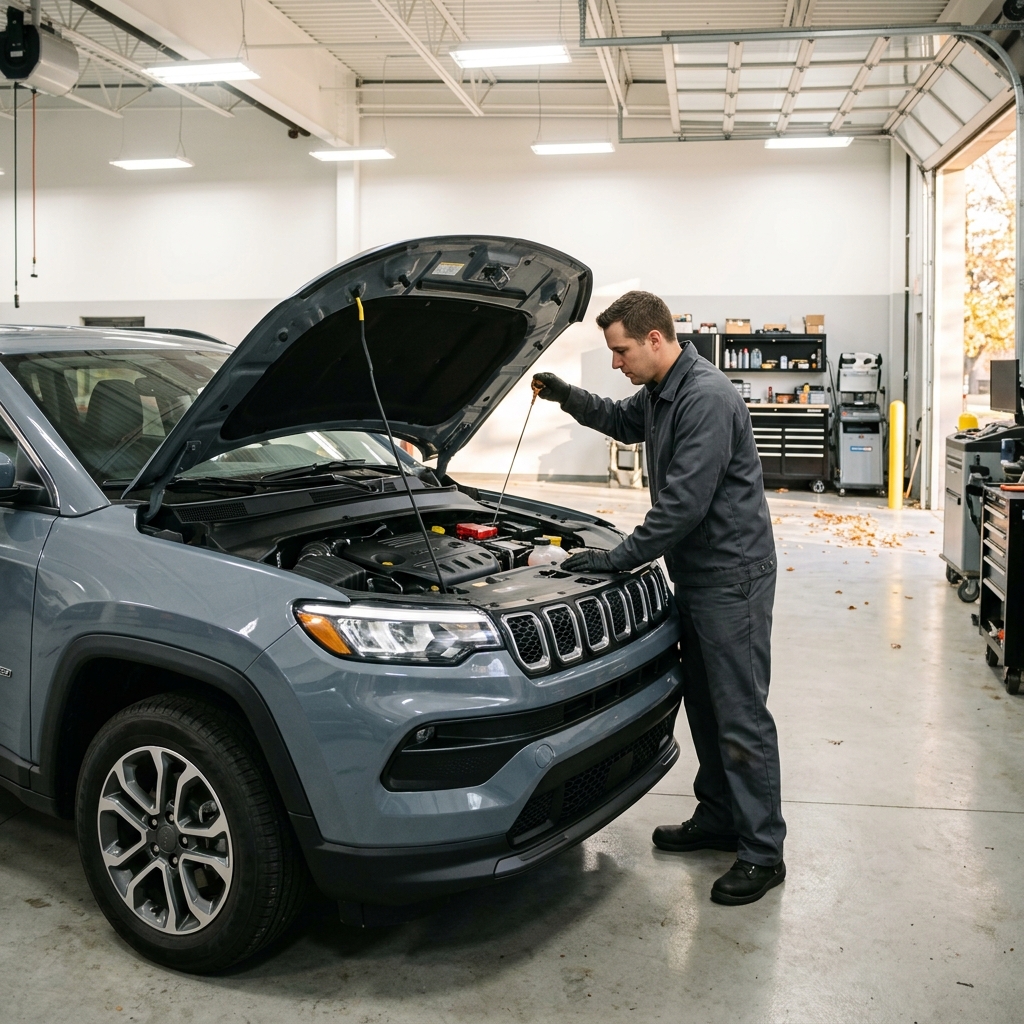A mechanic wearing gloves checks the oil dipstick of a grey Jeep SUV inside a bright service bay. (Representative image for illustration purposes only. Actual vehicle may vary based on trim and configuration.)