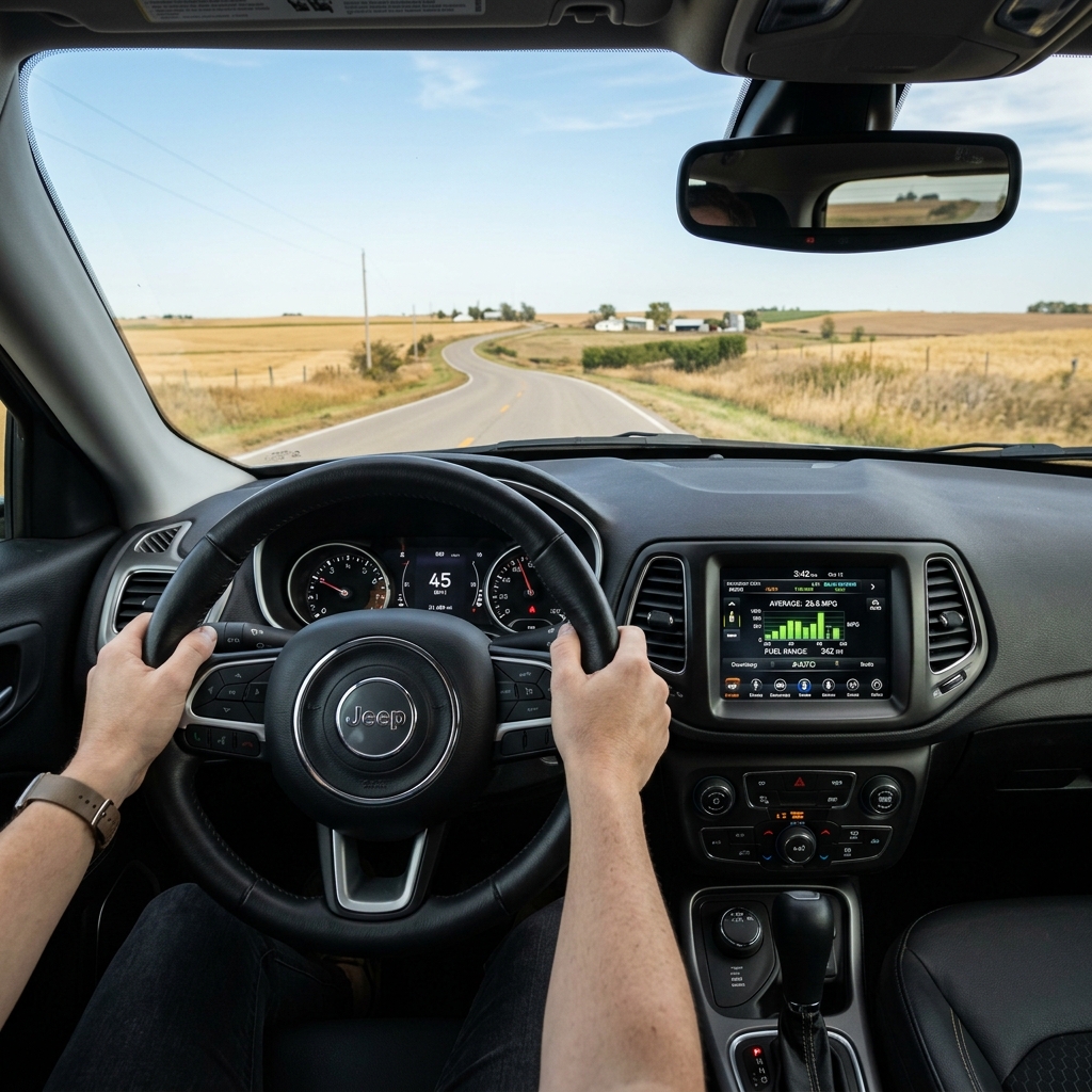 Driver's point of view inside a Jeep navigating a winding asphalt road through rural fields. (Representative image for illustration purposes only. Actual vehicle may vary based on trim and configuration.)