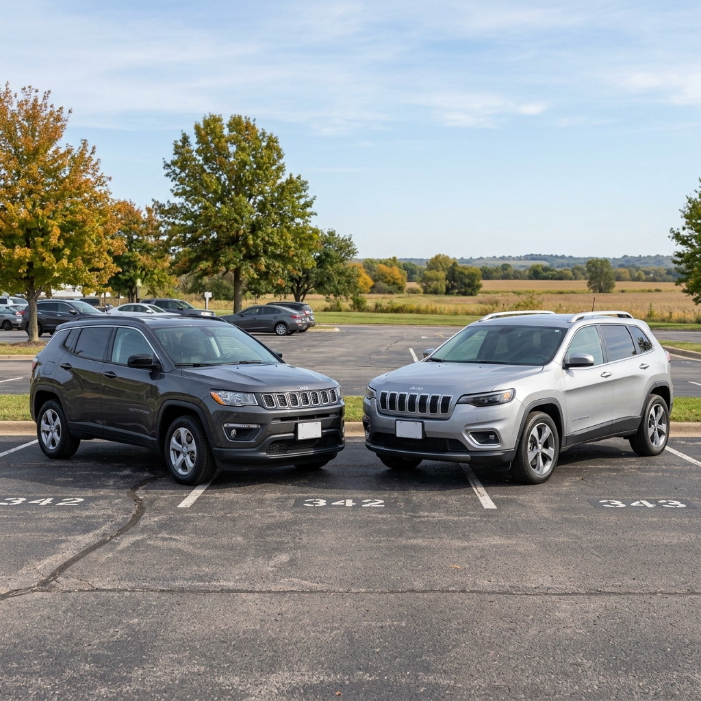 A dark gray Jeep Compass and a silver Jeep Cherokee parked side by side in a paved parking lot. (Representative image for illustration purposes only. Actual vehicle may vary based on trim and configuration.)