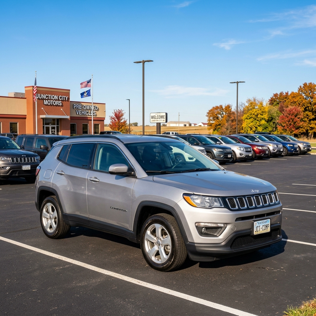 A silver Jeep Compass SUV parked in front of the Junction City Motors dealership lot on a sunny day. (Representative image for illustration purposes only. Actual vehicle may vary based on trim and configuration.)