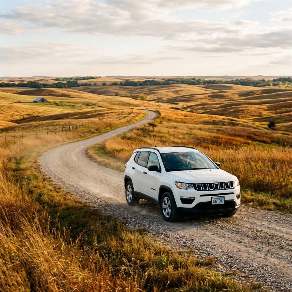 A white SUV driving along a winding dirt road through rolling golden hills in the countryside. (Representative image for illustration purposes only. Actual vehicle may vary based on trim and configuration.)