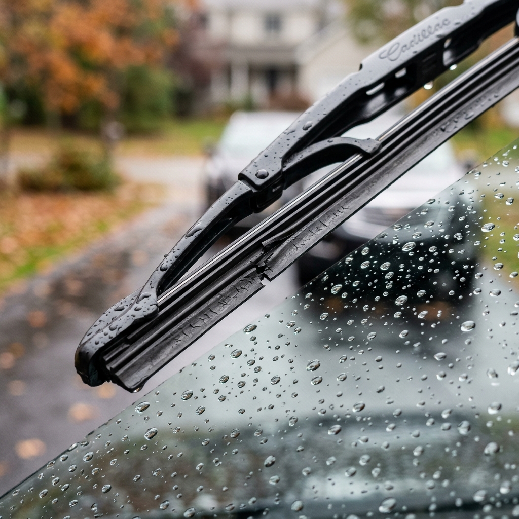 Close-up of a cracked and torn rubber windshield wiper blade on a wet car windshield in the rain. (Representative image for illustration purposes only. Actual vehicle may vary based on trim and configuration.)