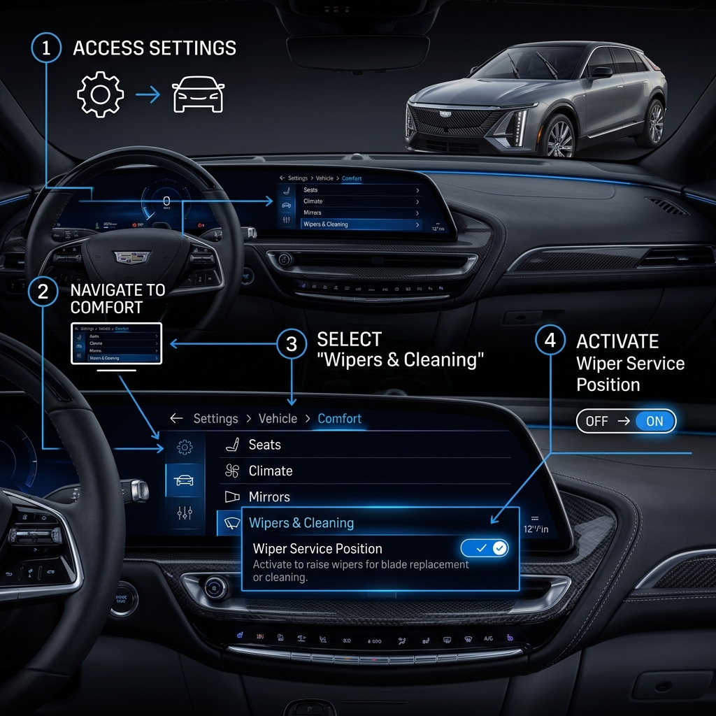 Step-by-step guide showing how to set wiper service position using a car touchscreen infotainment menu. (Representative image for illustration purposes only. Actual vehicle may vary based on trim and configuration.)