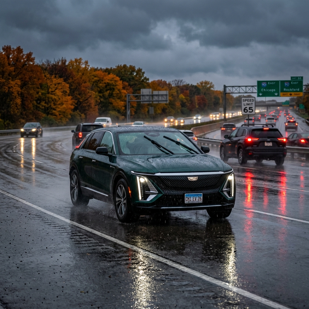 A dark green Cadillac Lyriq electric SUV driving on a wet, rainy highway with autumn trees in the background. (Representative image for illustration purposes only. Actual vehicle may vary based on trim and configuration.)