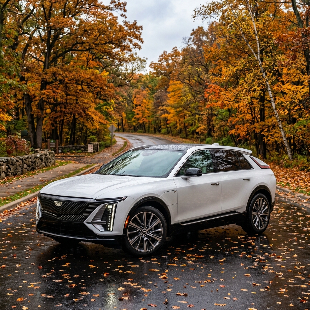 White Cadillac Lyriq electric SUV parked on a wet, leaf-covered road surrounded by autumn trees. (Representative image for illustration purposes only. Actual vehicle may vary based on trim and configuration.)