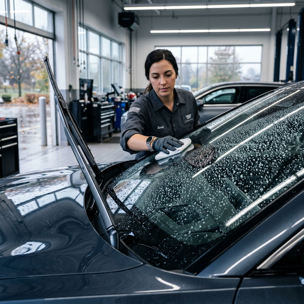 A female auto technician wearing gloves wipes down a wet car windshield inside a service bay. (Representative image for illustration purposes only. Actual vehicle may vary based on trim and configuration.)