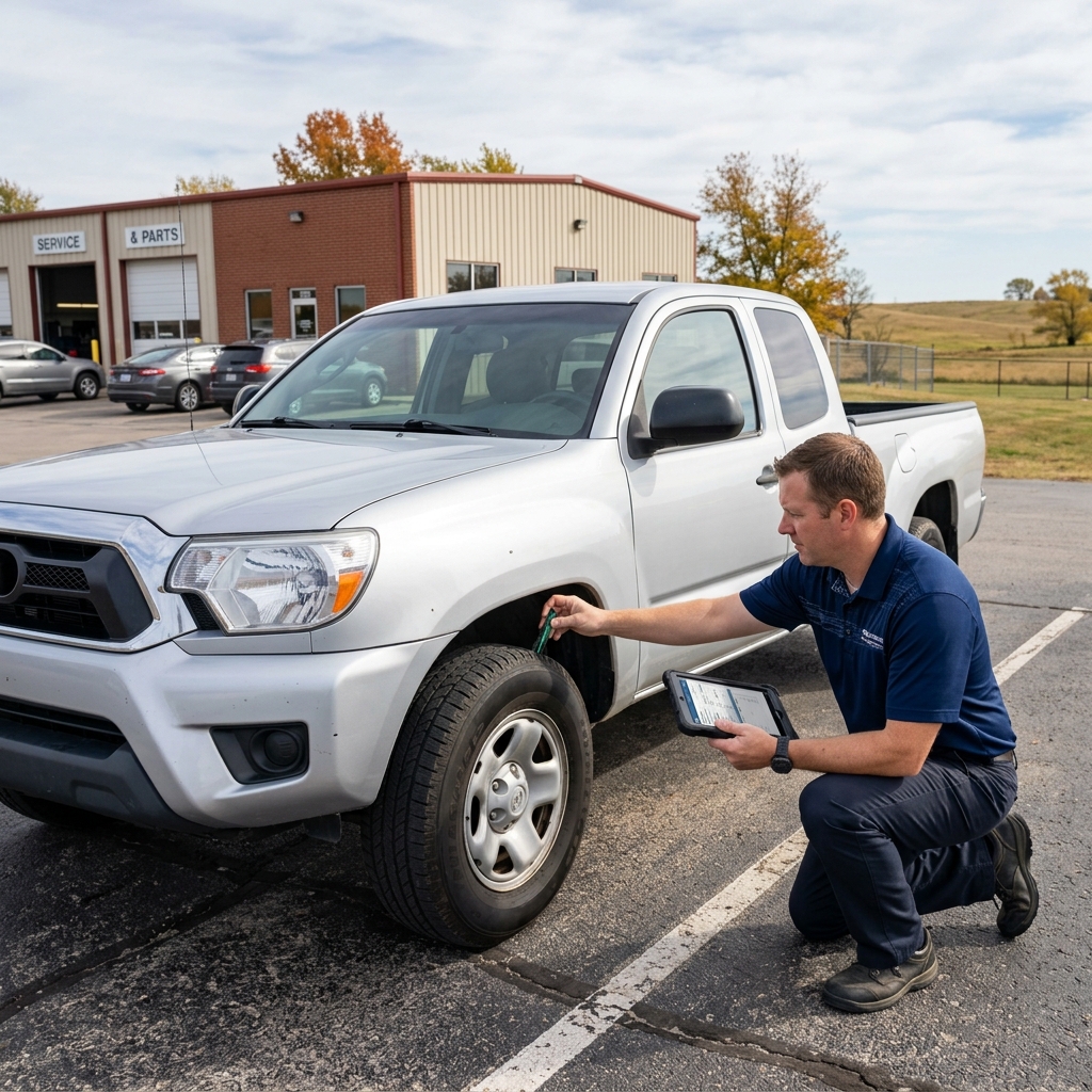 Automotive technician checking tire tread depth on a silver pickup truck using a gauge and digital tablet. (Representative image for illustration purposes only. Actual vehicle may vary based on trim and configuration.)