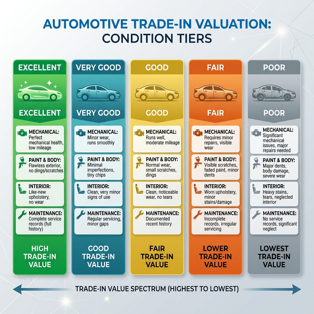Infographic detailing five automotive trade-in condition tiers: Excellent, Very Good, Good, Fair, and Poor. (Representative image for illustration purposes only. Actual vehicle may vary based on trim and configuration.)