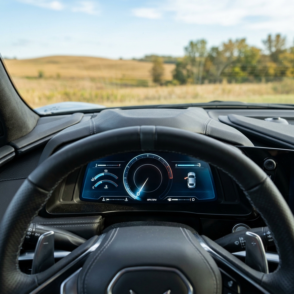 Driver's perspective of a sports car digital dashboard and steering wheel looking out onto a rural landscape. (Representative image for illustration purposes only. Actual vehicle may vary based on trim and configuration.)