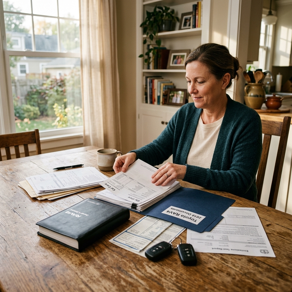 A woman sitting at a wooden table sorting through car documents, a Toyota RAV4 manual, and car keys. (Representative image for illustration purposes only. Actual vehicle may vary based on trim and configuration.)