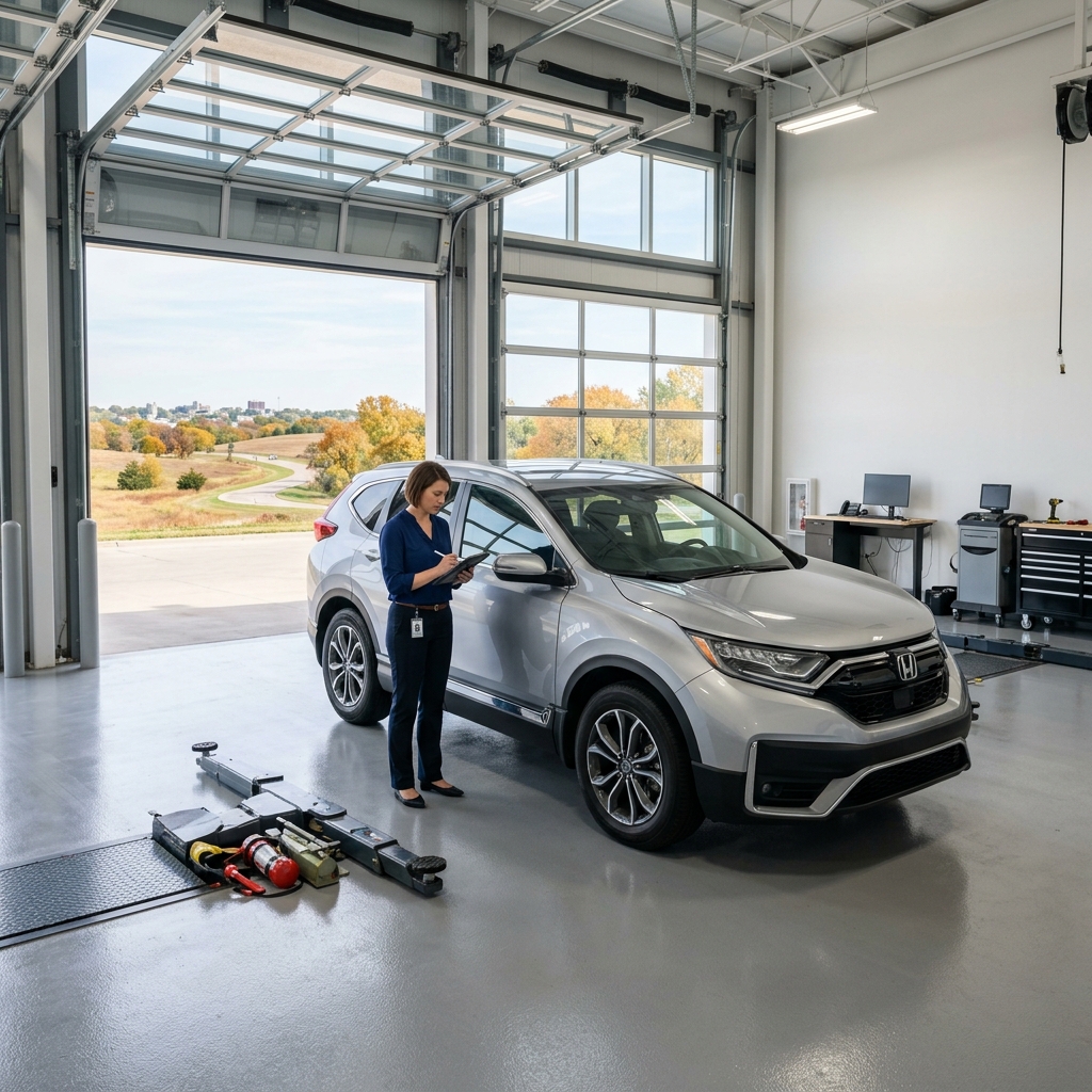 Female auto service advisor writing on a clipboard next to a silver Honda SUV inside a bright service bay. (Representative image for illustration purposes only. Actual vehicle may vary based on trim and configuration.)