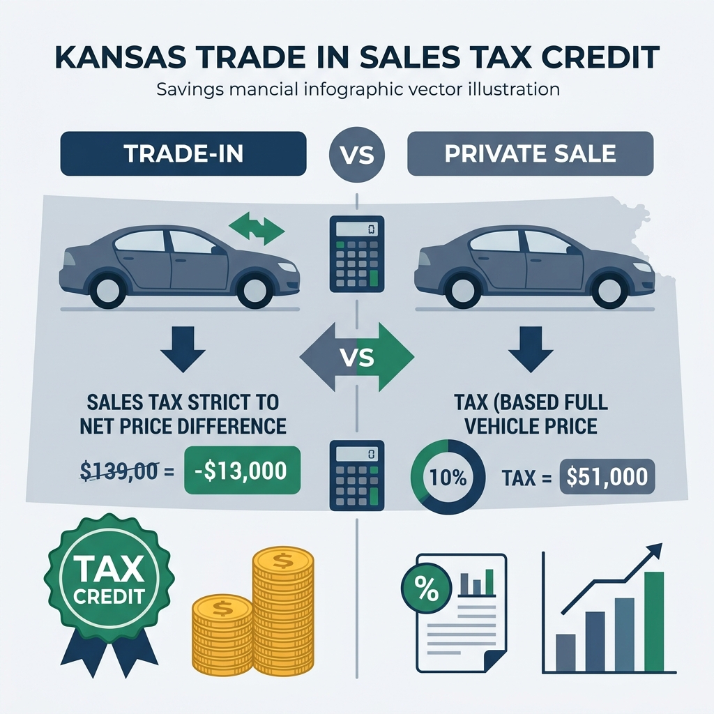 Infographic comparing trade-in sales tax credit versus private sale tax calculations in Kansas. (Representative image for illustration purposes only. Actual vehicle may vary based on trim and configuration.)