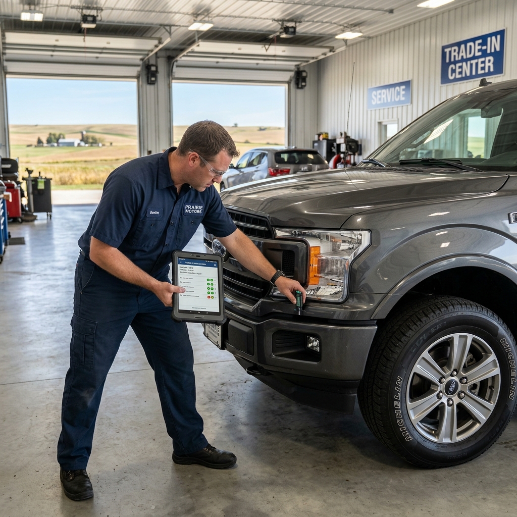 A mechanic holding a tablet inspects the front bumper of a dark grey pickup truck inside a service garage. (Representative image for illustration purposes only. Actual vehicle may vary based on trim and configuration.)