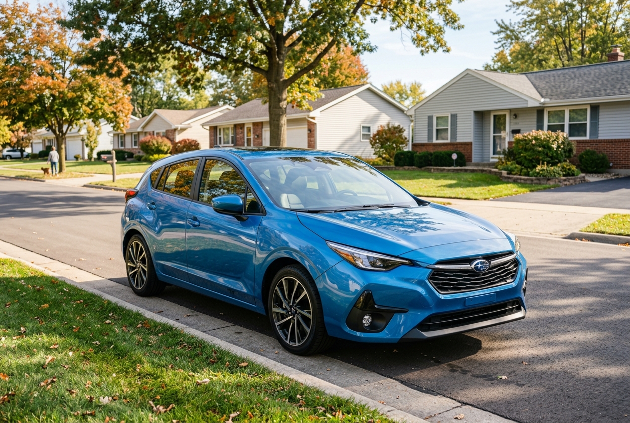 A bright blue hatchback parked along a suburban street lined with houses and autumn trees. (Representative image for illustration purposes only. Actual vehicle may vary based on trim and configuration.)