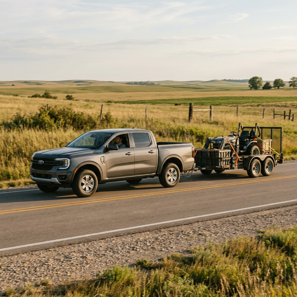 A grey Ford Ranger truck towing a utility trailer with a lawn tractor down a rural paved road. (Representative image for illustration purposes only. Actual vehicle may vary based on trim and configuration.)