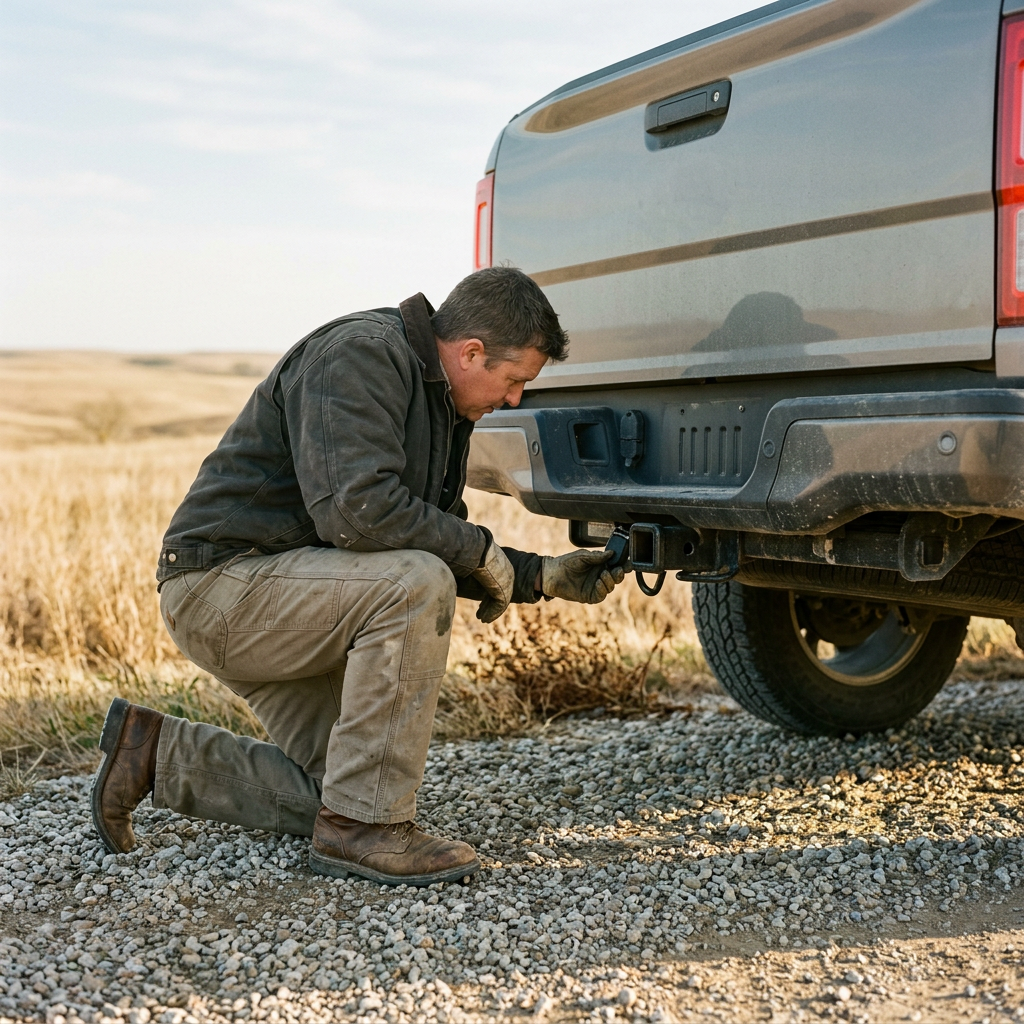 A man wearing work clothes kneels on a gravel road to adjust a trailer hitch on a grey pickup truck. (Representative image for illustration purposes only. Actual vehicle may vary based on trim and configuration.)