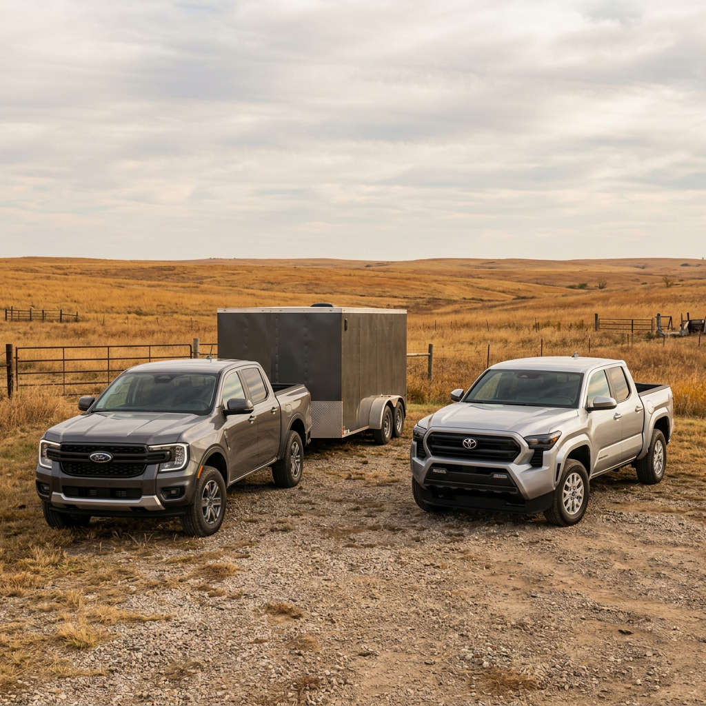 A grey Ford Ranger towing a trailer parked next to a silver Toyota Tacoma in a dry grassy field. (Representative image for illustration purposes only. Actual vehicle may vary based on trim and configuration.)