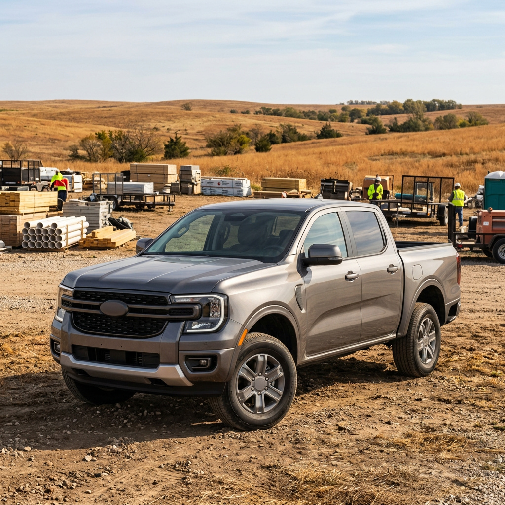 Gray pickup truck parked on dirt ground at an outdoor rural construction site. (Representative image for illustration purposes only. Actual vehicle may vary based on trim and configuration.)