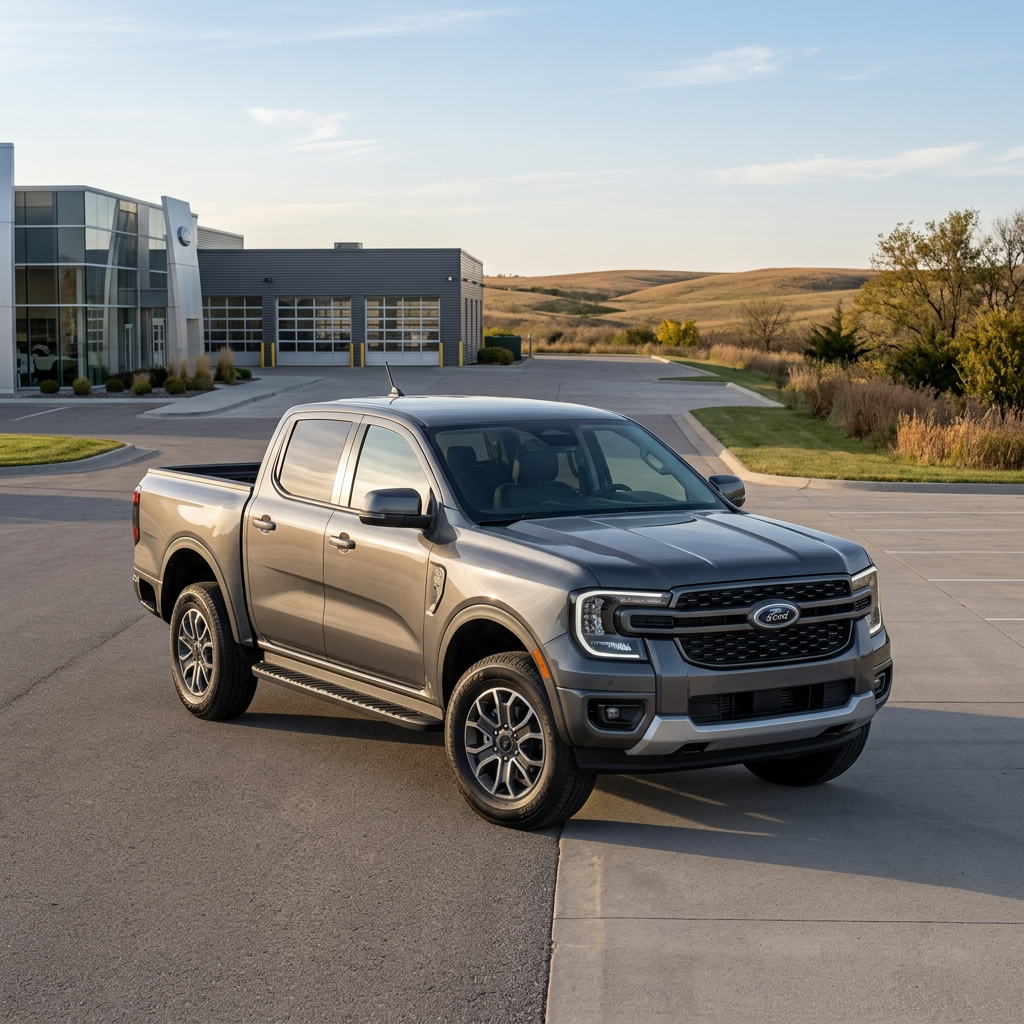 A dark grey Ford Ranger crew cab pickup truck parked in a dealership lot during late afternoon. (Representative image for illustration purposes only. Actual vehicle may vary based on trim and configuration.)