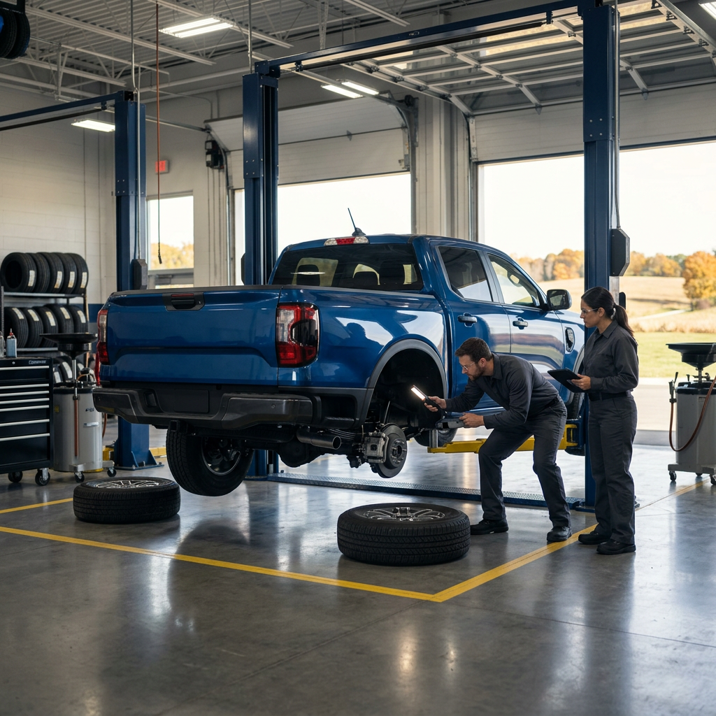 Male and female mechanics inspecting the brake assembly of a blue pickup truck elevated on a lift in a service garage. (Representative image for illustration purposes only. Actual vehicle may vary based on trim and configuration.)