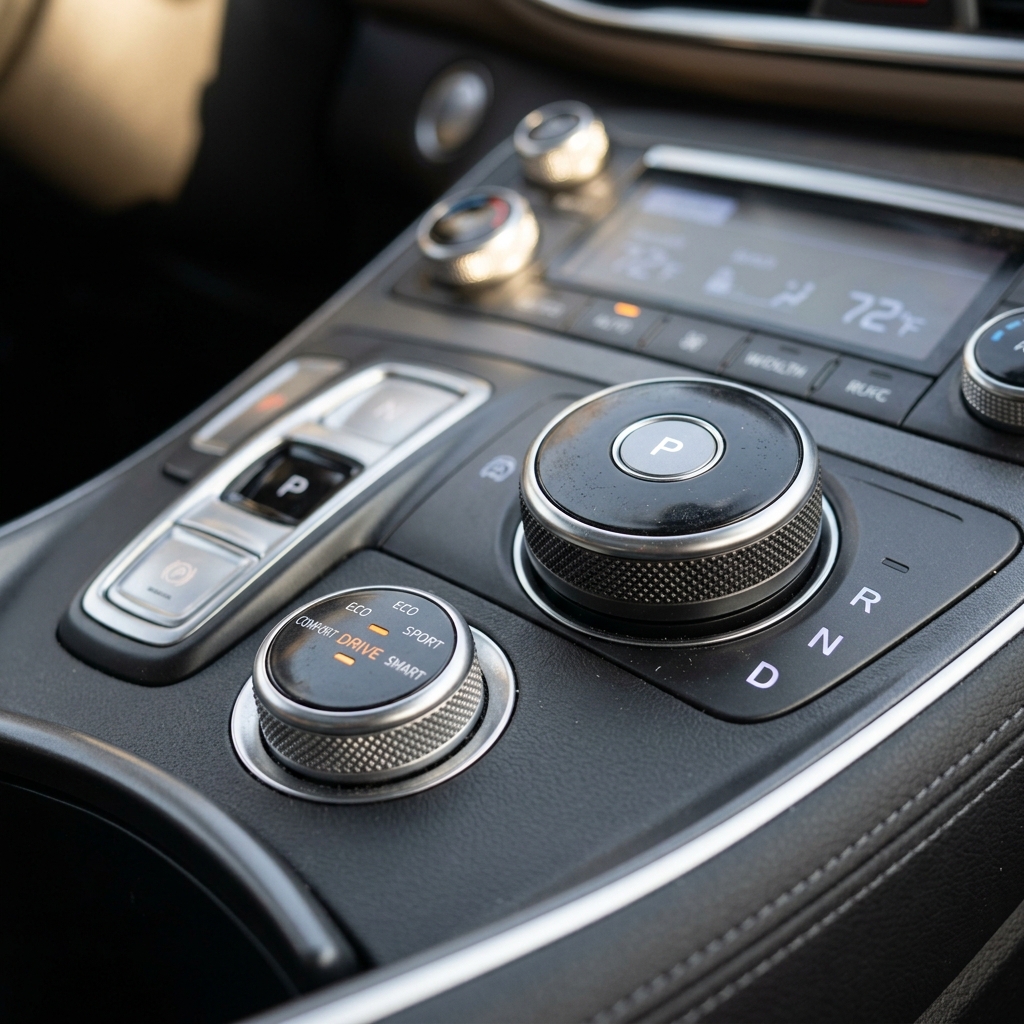 Close-up of a car center console featuring a rotary gear shifter knob and drive mode selector dial. (Representative image for illustration purposes only. Actual vehicle may vary based on trim and configuration.)