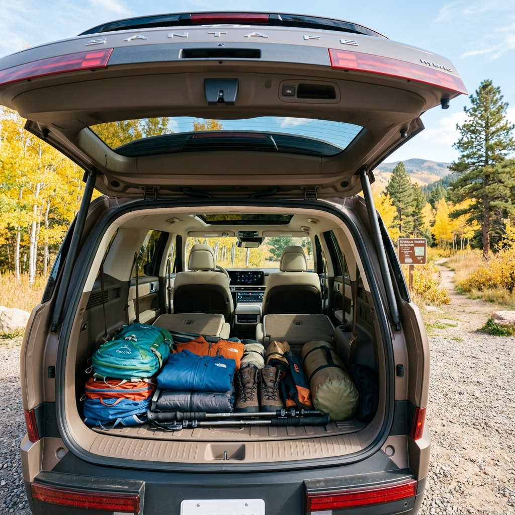 Open trunk of a brown Hyundai Santa Fe Hybrid filled with hiking boots, backpacks, and camping gear in autumn foliage. (Representative image for illustration purposes only. Actual vehicle may vary based on trim and configuration.)