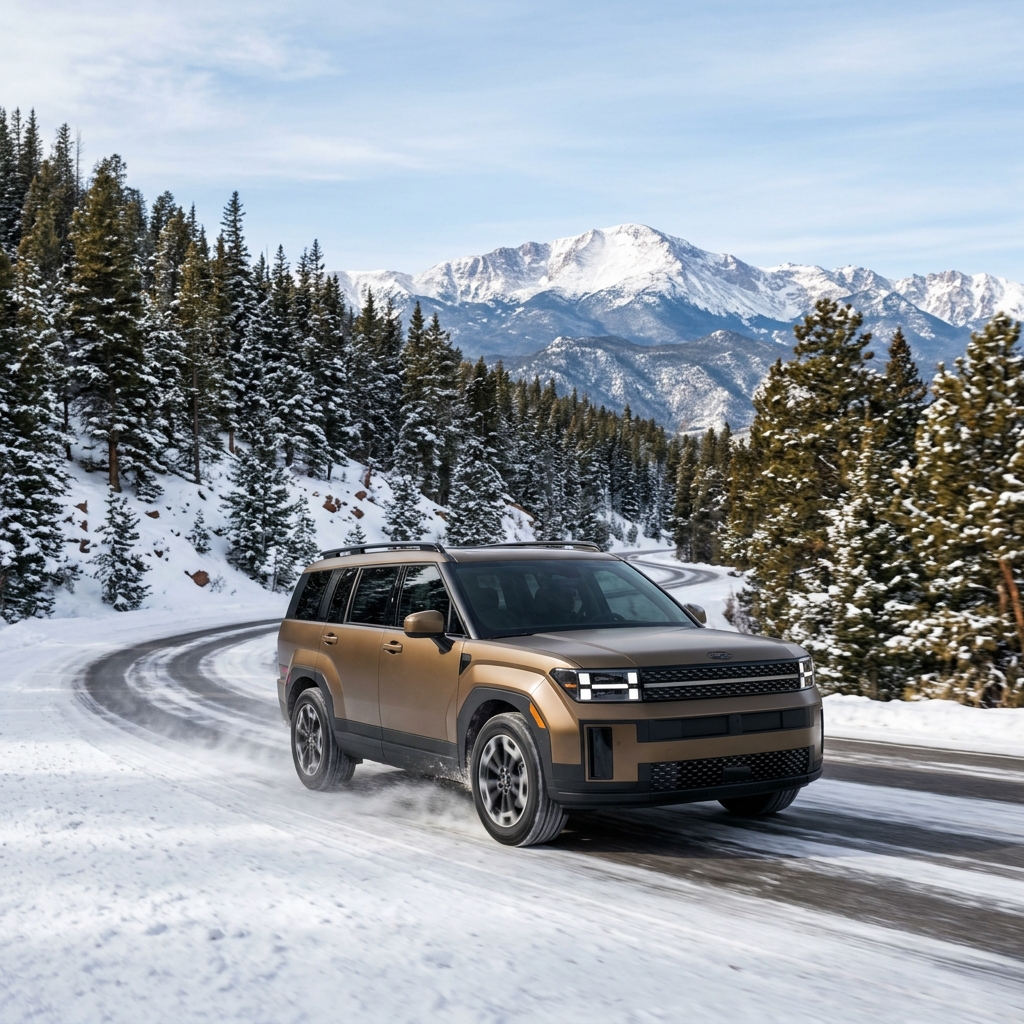 Bronze Hyundai Santa Fe SUV driving around a bend on a snow-dusted mountain road surrounded by pine trees. (Representative image for illustration purposes only. Actual vehicle may vary based on trim and configuration.)