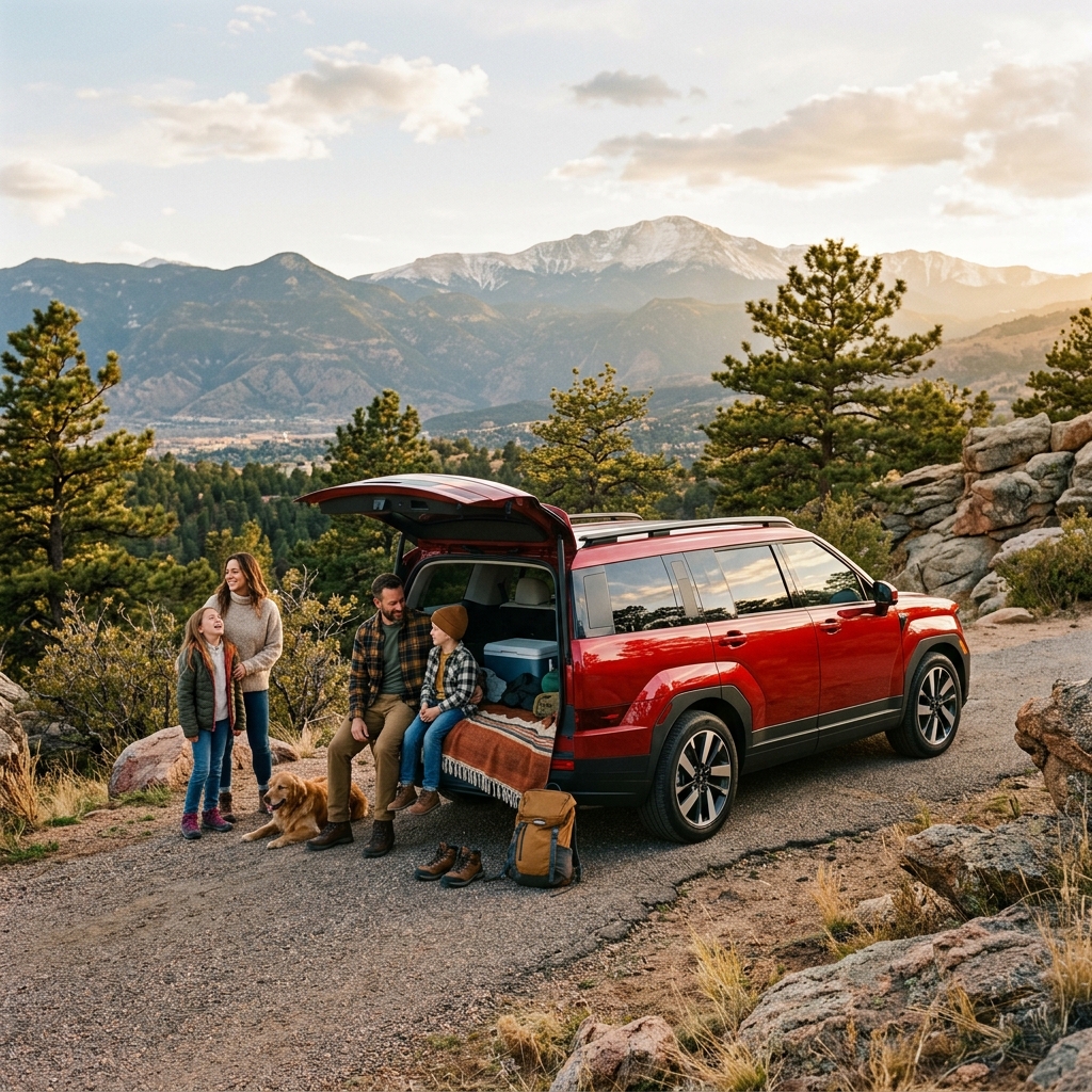 Family sitting on the open back tailgate of a red SUV parked at a mountain scenic overlook with their dog. (Representative image for illustration purposes only. Actual vehicle may vary based on trim and configuration.)