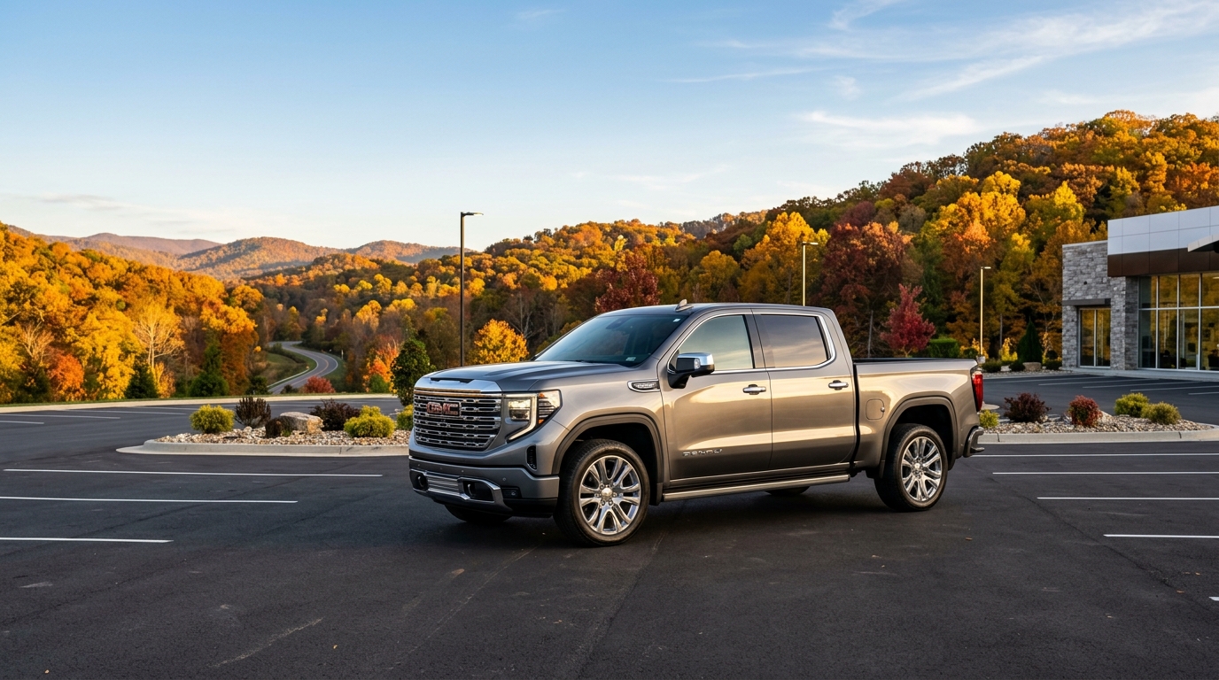 Metallic grey GMC Sierra Denali truck parked in a lot during autumn with colorful foliage hills in the background. (Representative image for illustration purposes only. Actual vehicle may vary based on trim and configuration.)