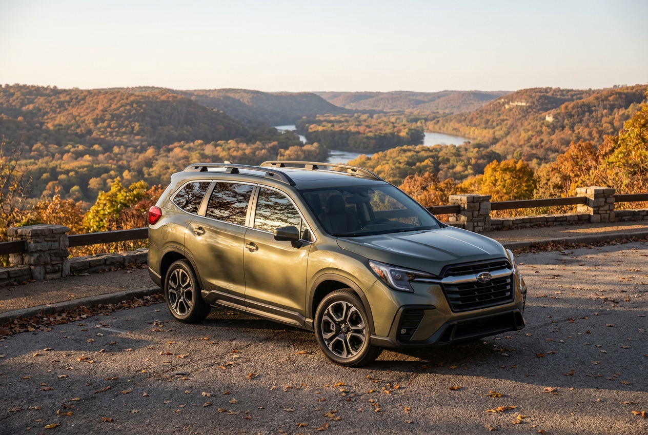 Olive green Subaru SUV parked at a scenic overlook with autumn foliage and a river in the background. (Representative image for illustration purposes only. Actual vehicle may vary based on trim and configuration.)