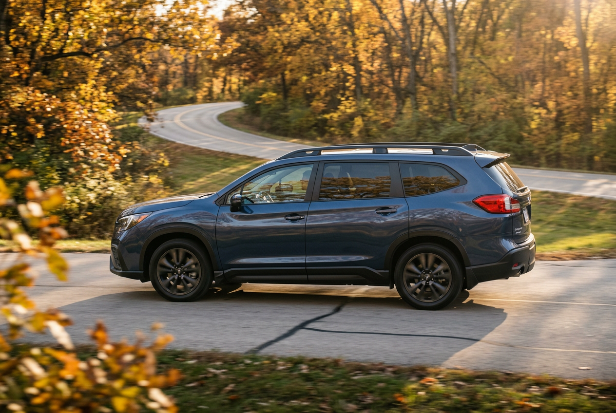 A dark blue SUV driving along a paved road surrounded by golden yellow autumn trees. (Representative image for illustration purposes only. Actual vehicle may vary based on trim and configuration.)