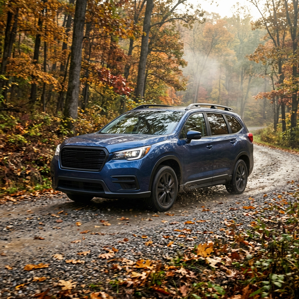 A dark blue SUV driving along a gravel forest road covered in scattered autumn leaves. (Representative image for illustration purposes only. Actual vehicle may vary based on trim and configuration.)