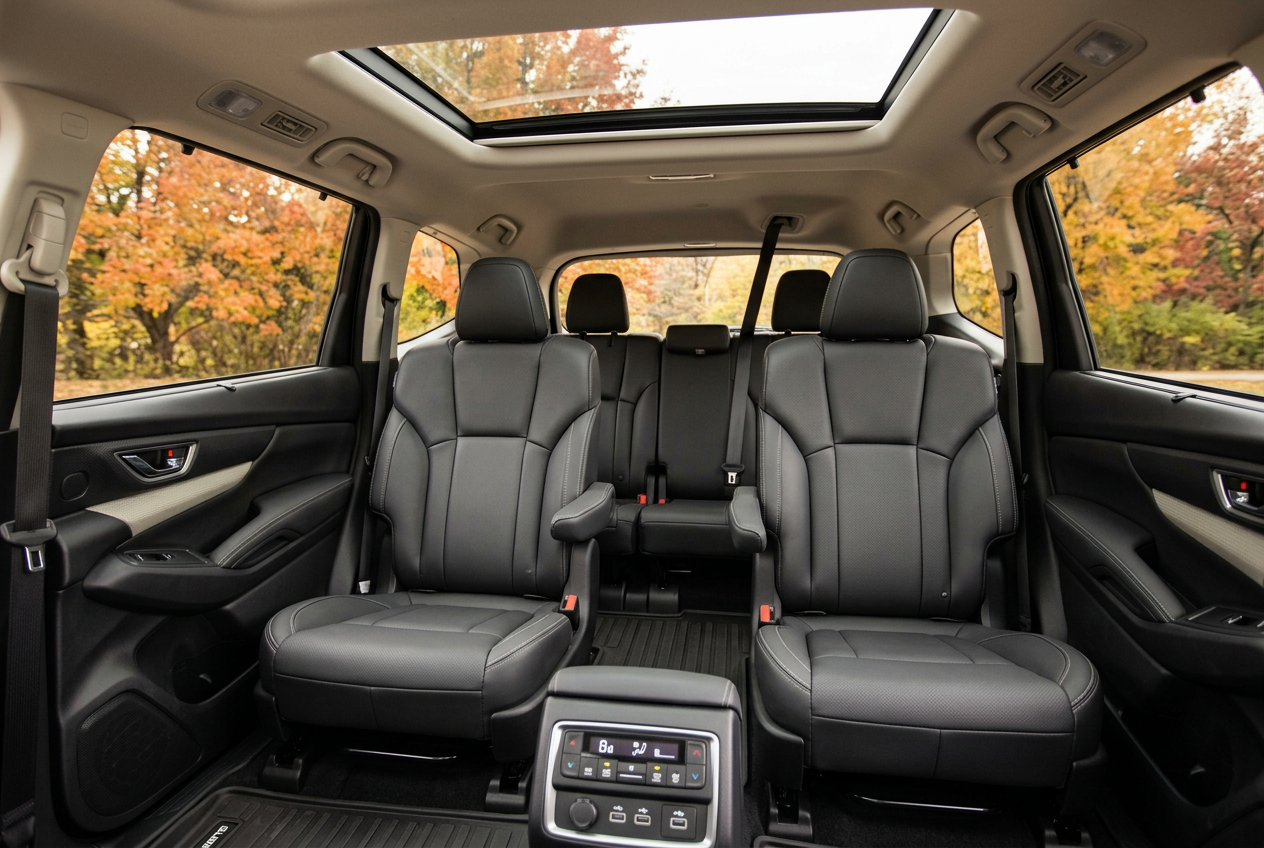 Interior view of a modern SUV featuring black leather captain's chairs, a panoramic sunroof, and autumn trees outside. (Representative image for illustration purposes only. Actual vehicle may vary based on trim and configuration.)