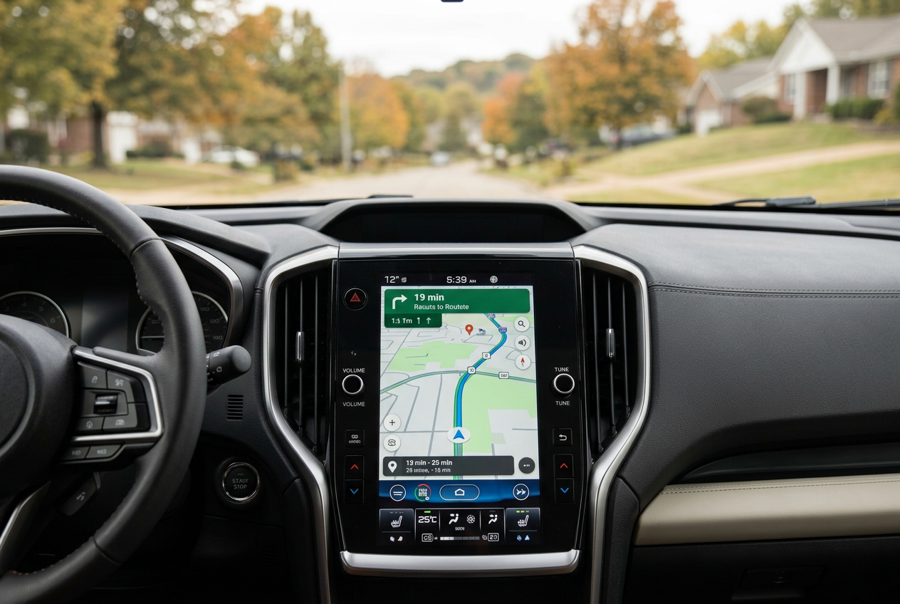 Interior view of a car dashboard featuring a large central infotainment screen displaying GPS navigation. (Representative image for illustration purposes only. Actual vehicle may vary based on trim and configuration.)