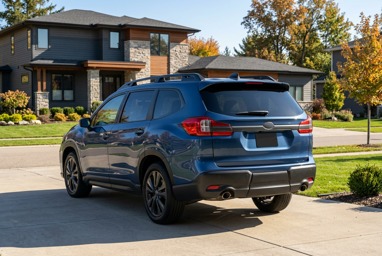Blue SUV parked in a concrete driveway in front of a modern suburban home with autumn foliage. (Representative image for illustration purposes only. Actual vehicle may vary based on trim and configuration.)