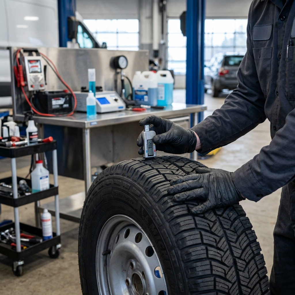 A mechanic in black gloves uses a digital gauge to measure the tread depth of a car tire in an auto repair shop. (Representative image for illustration purposes only. Actual vehicle may vary based on trim and configuration.)