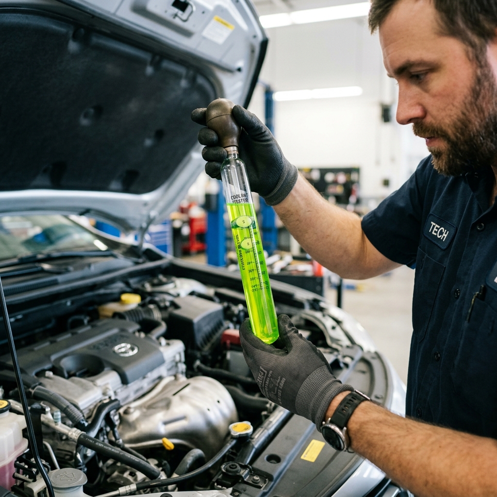 A mechanic wearing gloves holding a glass coolant tester filled with bright green liquid over an open engine bay. (Representative image for illustration purposes only. Actual vehicle may vary based on trim and configuration.)