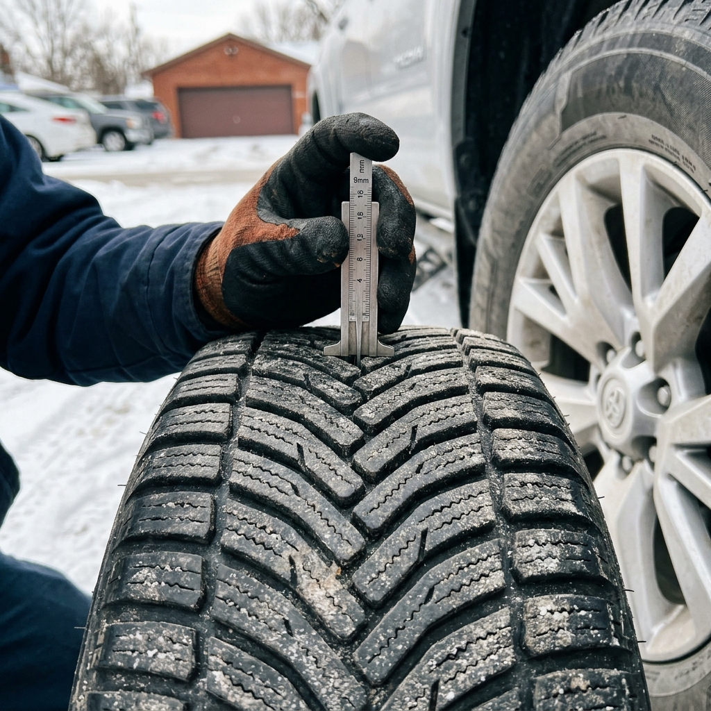 A gloved hand uses a metal gauge to measure the tread depth of a winter vehicle tire. (Representative image for illustration purposes only. Actual vehicle may vary based on trim and configuration.)