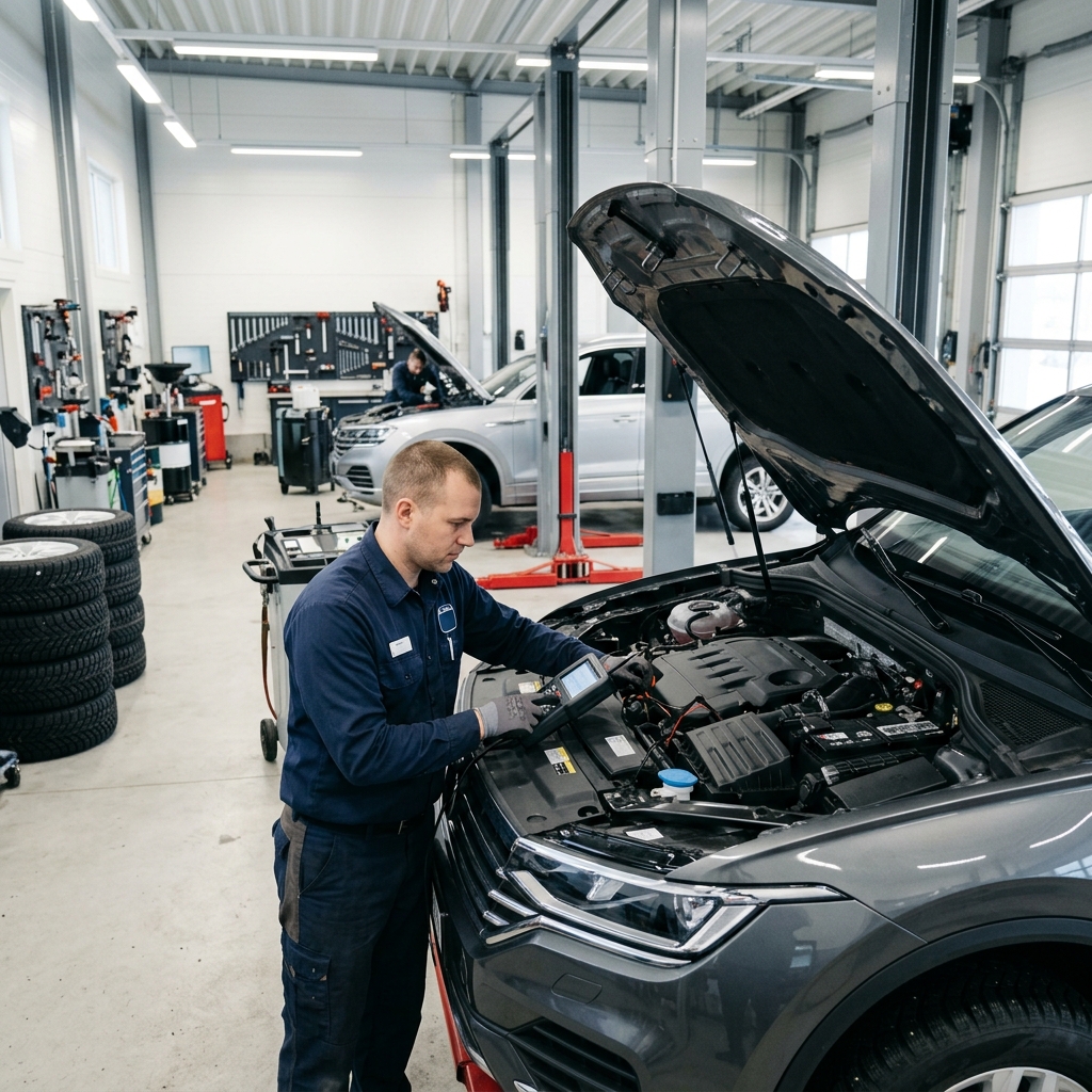 Mechanic using a digital diagnostic scanner on a car engine inside a modern automotive repair shop. (Representative image for illustration purposes only. Actual vehicle may vary based on trim and configuration.)