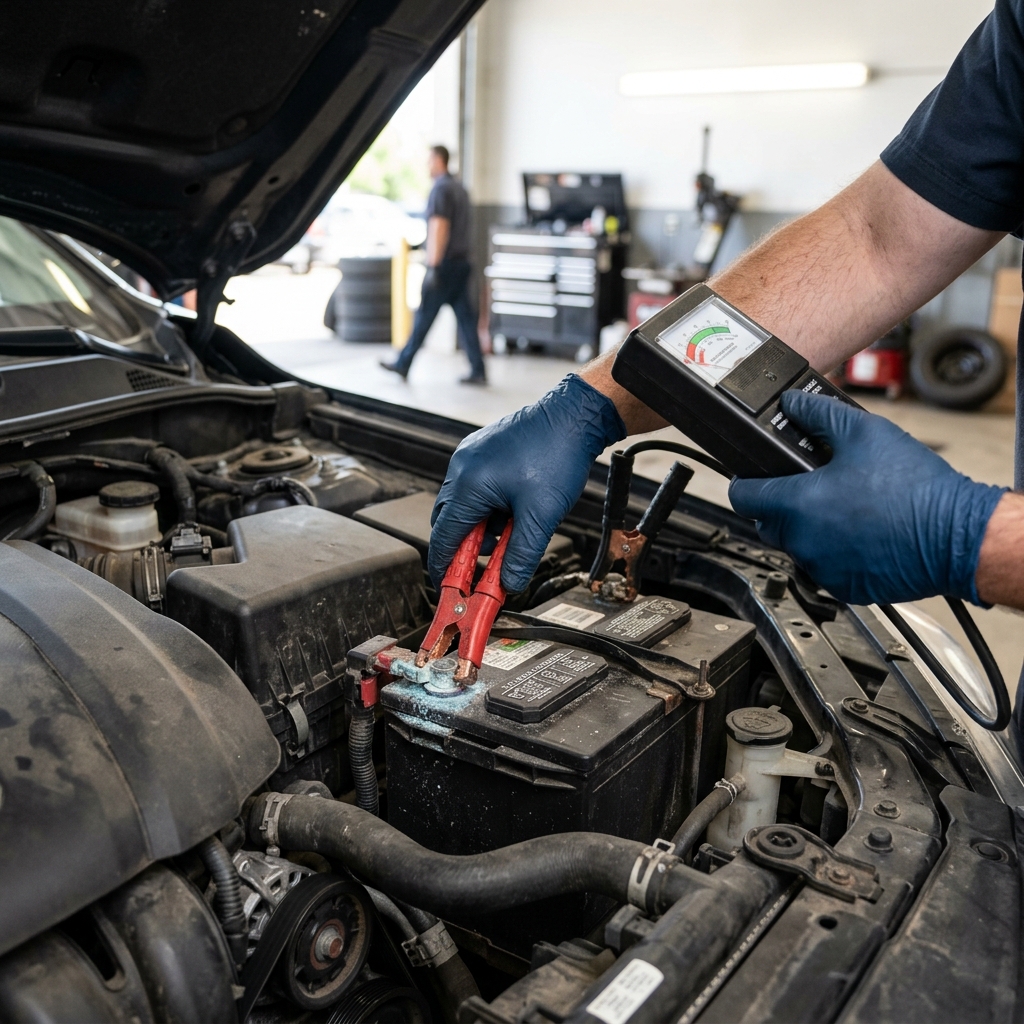 A mechanic wearing blue gloves attaches a red tester clamp to a corroded car battery terminal in an engine bay. (Representative image for illustration purposes only. Actual vehicle may vary based on trim and configuration.)