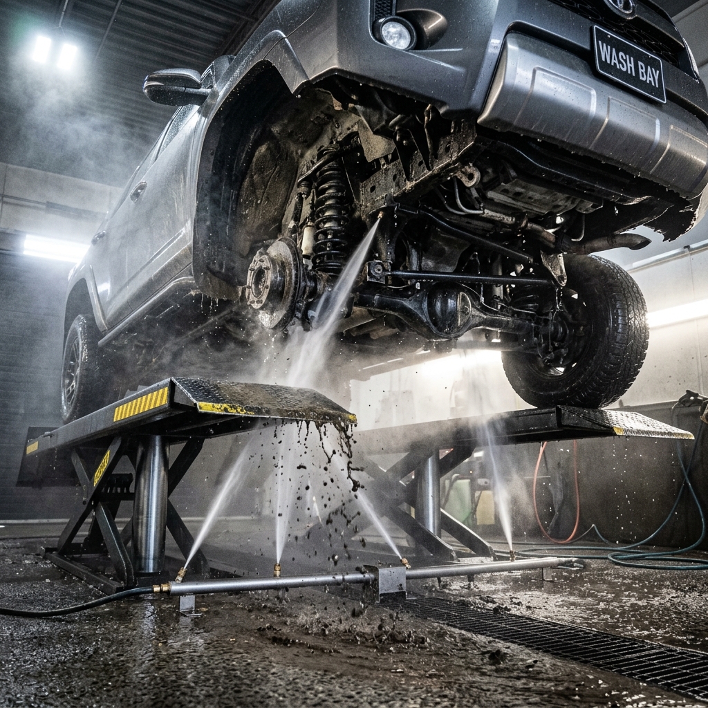 A lifted grey SUV receiving a high-pressure underbody wash from automated floor spray nozzles in a wash bay. (Representative image for illustration purposes only. Actual vehicle may vary based on trim and configuration.)