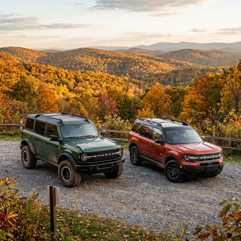 Green Ford Bronco and orange Bronco Sport parked on a gravel trail overlooking autumn mountain foliage. (Representative image for illustration purposes only. Actual vehicle may vary based on trim and configuration.)