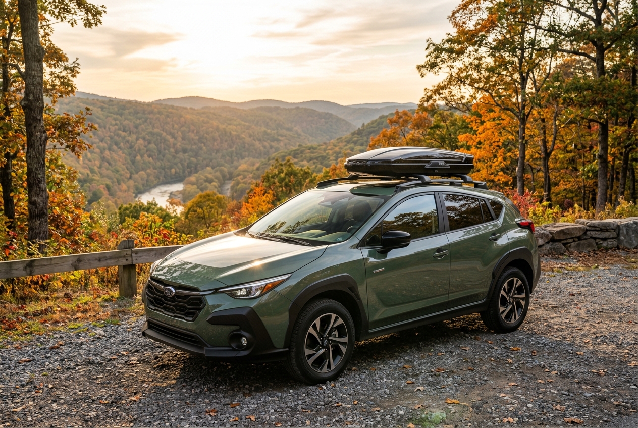 Green Subaru Crosstrek with a roof cargo box parked at a scenic mountain overlook during autumn. (Representative image for illustration purposes only. Actual vehicle may vary based on trim and configuration.)
